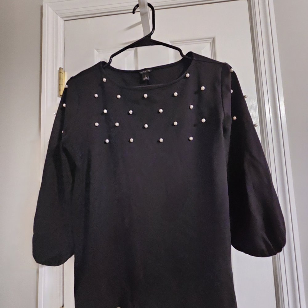 Ann Taylor Black Embellished Puff Sleeve Blouse